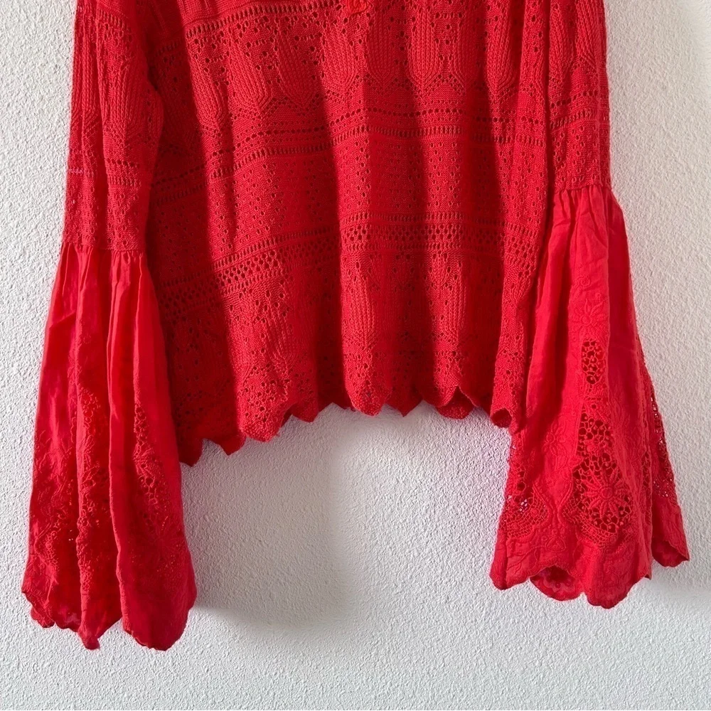 Free People Knit Crochet Eyelet Flare Sleeve Linen Blend Top Women Medium Orange